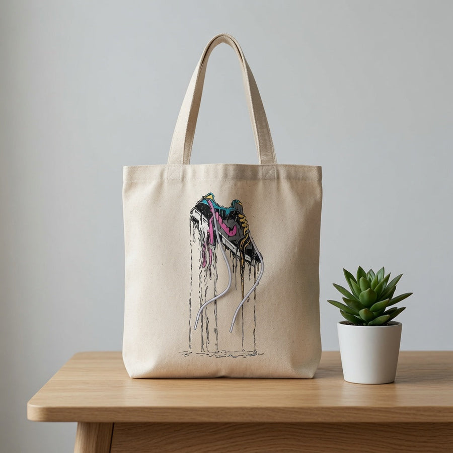 Melting Drip Sneaker Graphic Canvas Tote Bag - Abstract Streetwear Pop Art Shoulder Bag