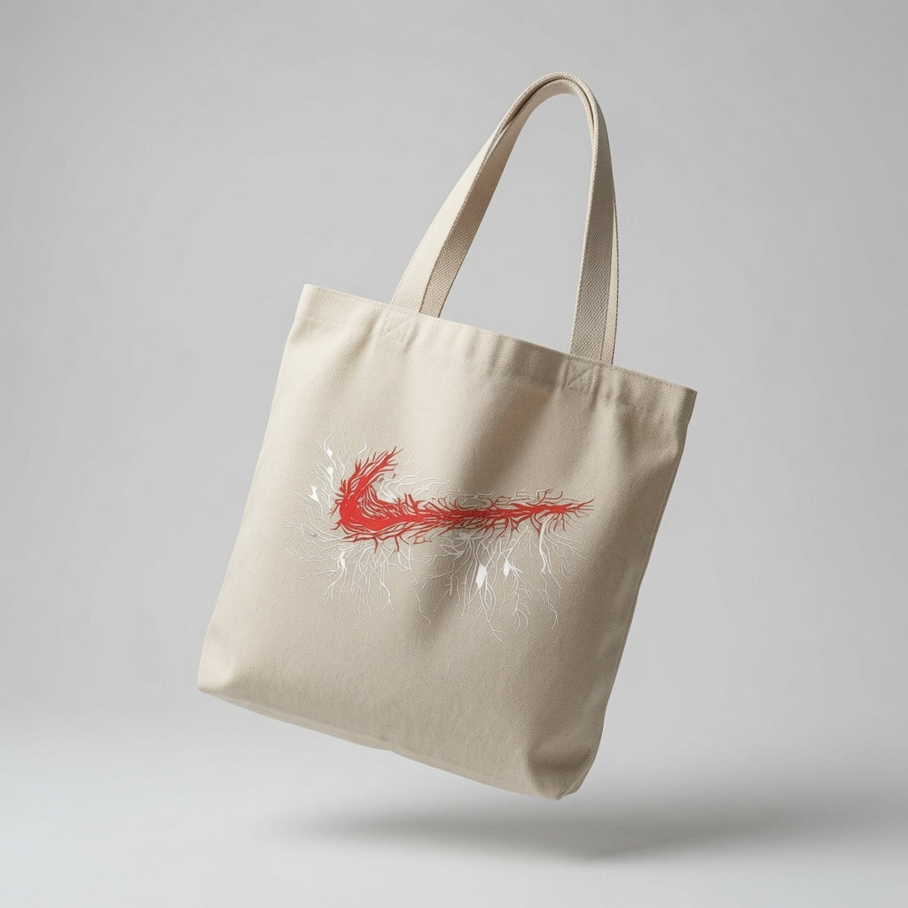 Abstract Root & Vein Swoosh Canvas Tote Bag - Artistic Red & White Graphic Shoulder Bag
