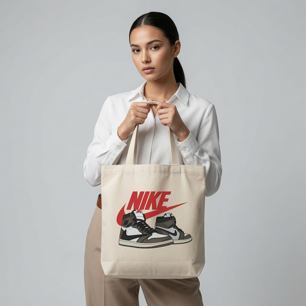 Mocha Reverse Swoosh High-Top Graphic Canvas Tote Bag - Classic Streetwear Canvas Shoulder Bag