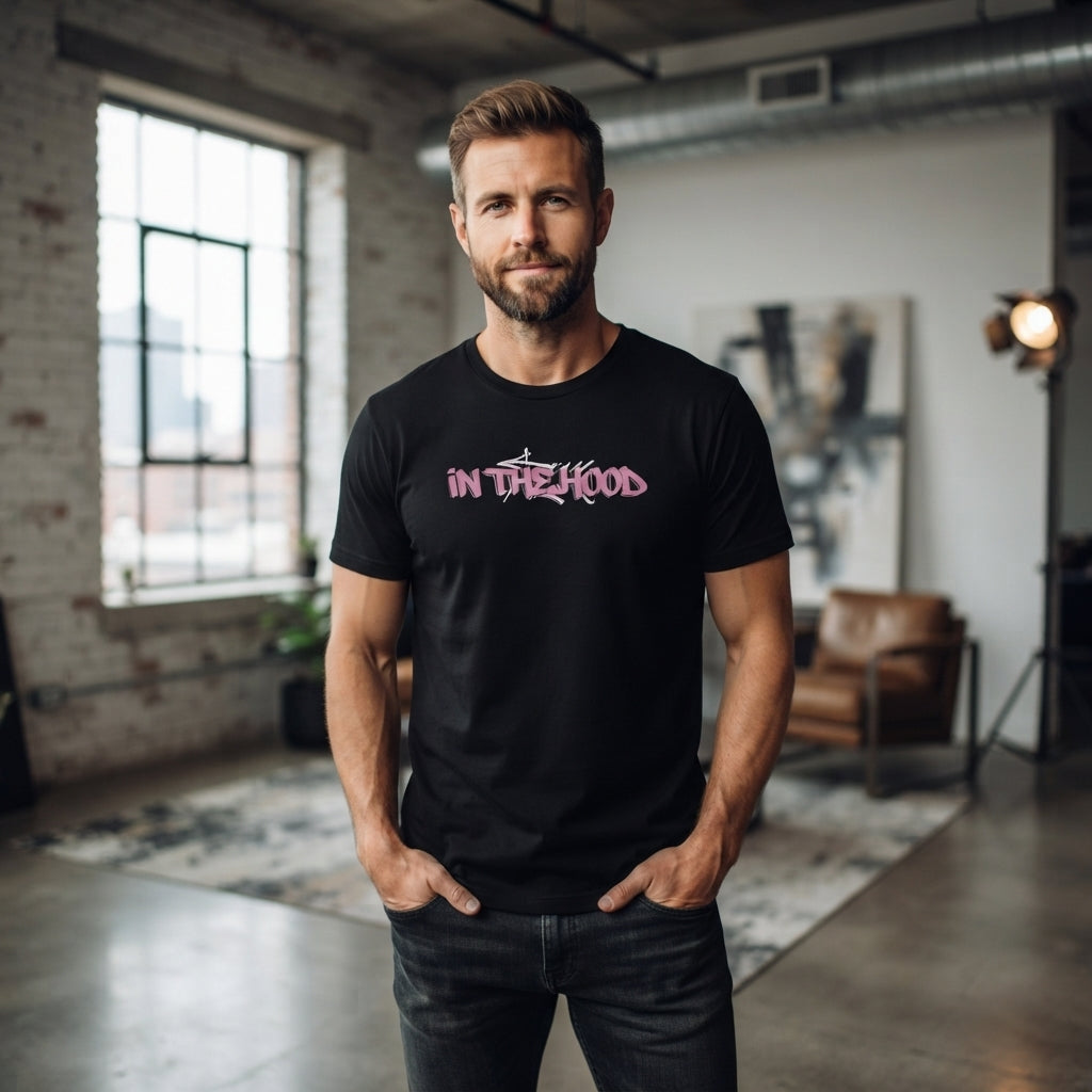 In The Hood Pink Graffiti Typography Graphic T-Shirt - Urban Streetwear Cotton Crew Neck Tee in Black & White
