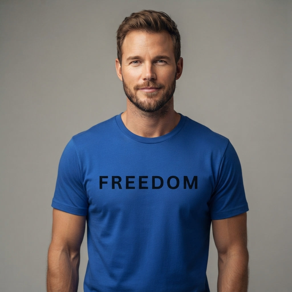 FREEDOM Minimalist Statement Typography Graphic T-Shirt - Premium Soft Cotton Crew Neck Tee in White & Blue