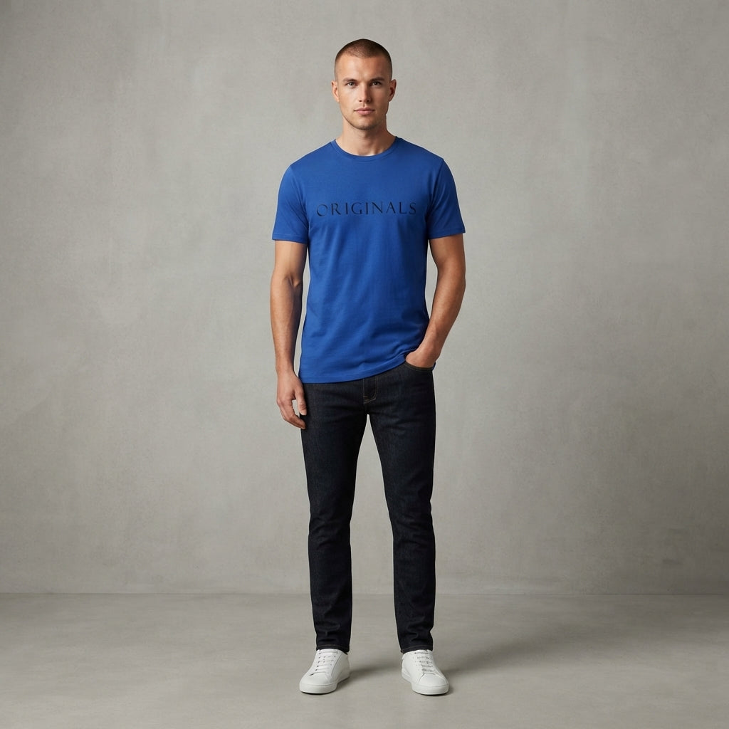 ORIGINALS Minimalist Serif Typography Graphic T-Shirt - Premium Soft Cotton Crew Neck Tee in White & Blue