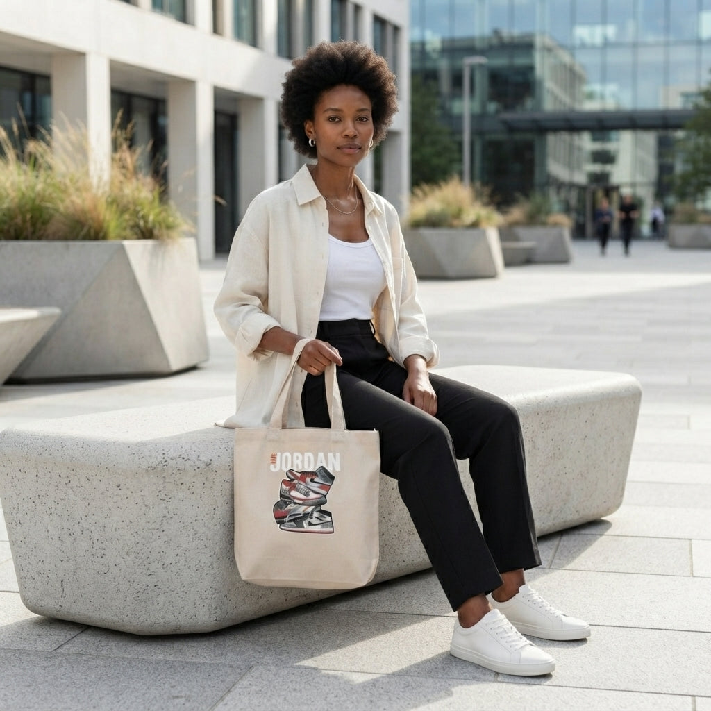 Retro Sneaker Stack Graphic Canvas Tote Bag - Classic Air Basketball Kicks Shoulder Bag