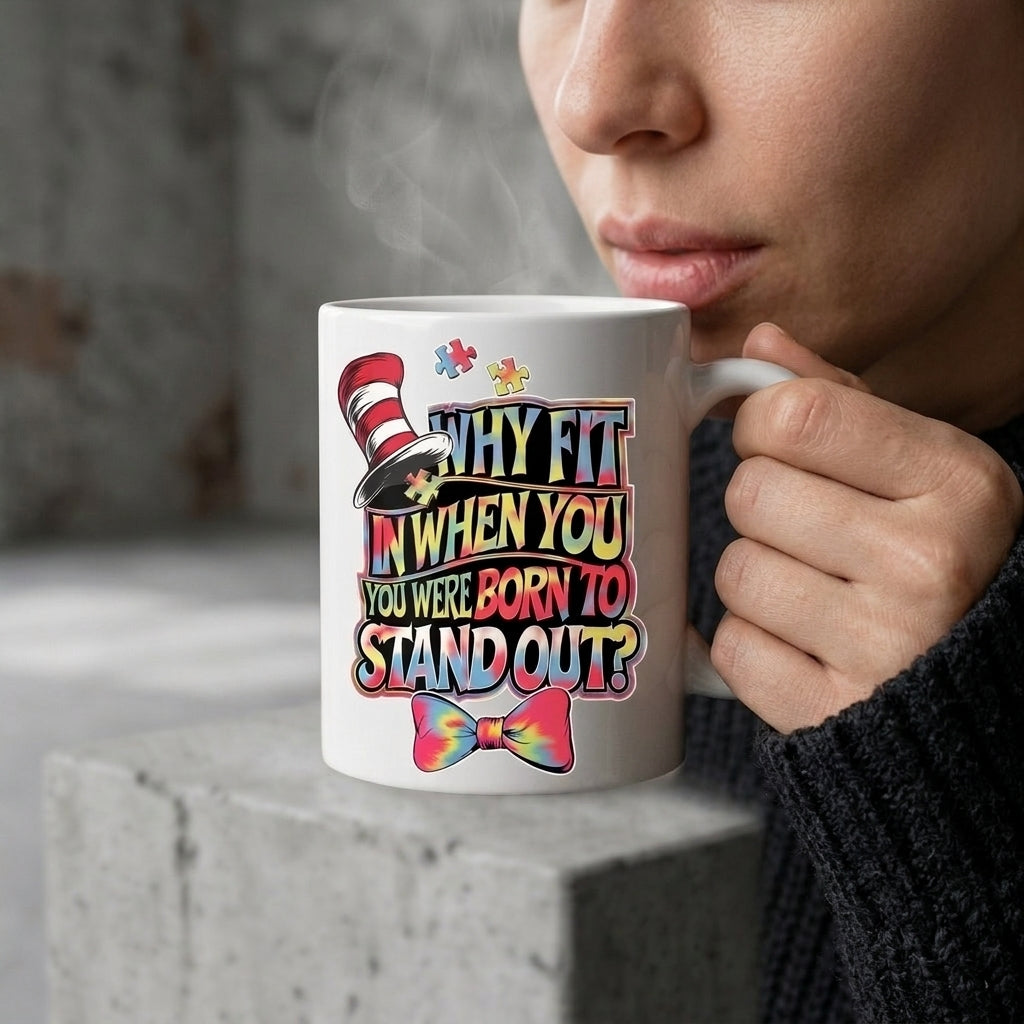 Autism Awareness Mug – "Why Fit In When You Were Born to Stand Out" Funny Coffee Mug, Inspirational Puzzle Piece Gift, 11oz Ceramic Cup