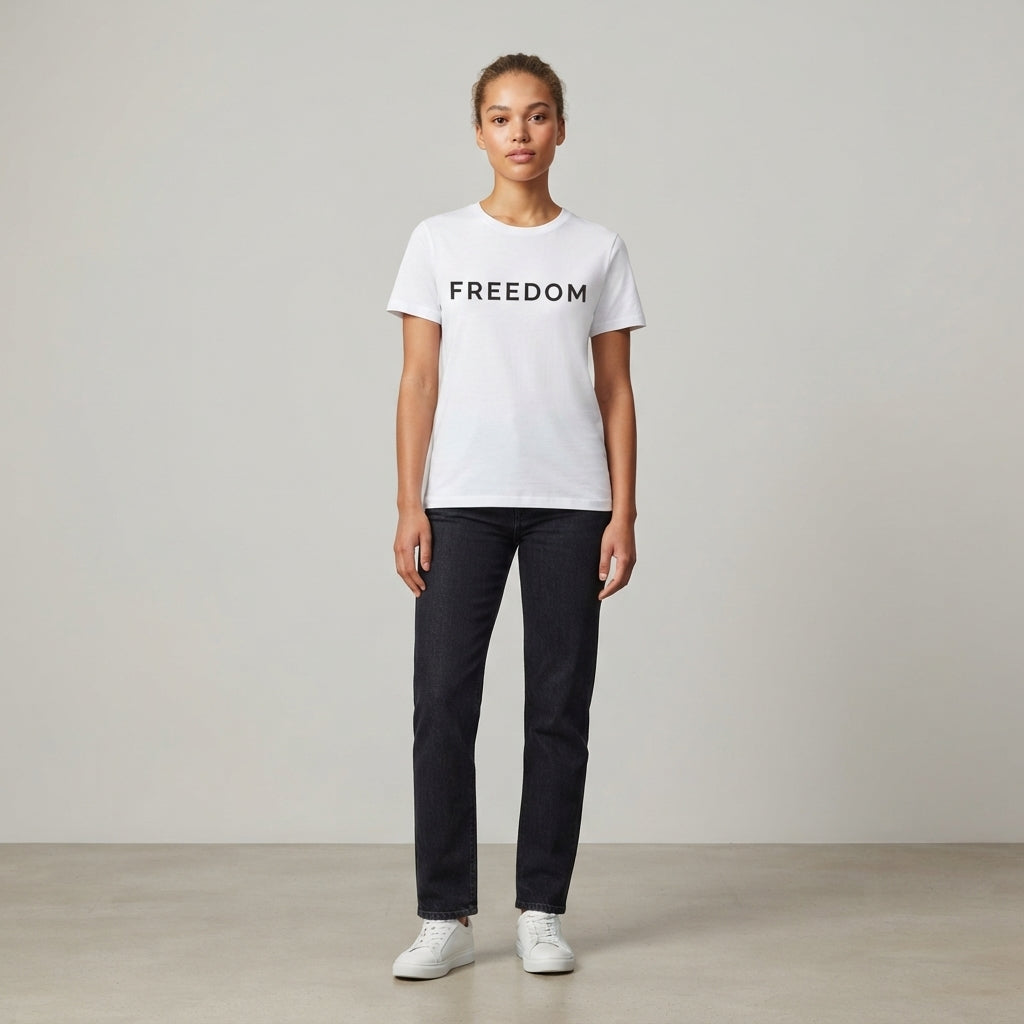 FREEDOM Minimalist Statement Typography Graphic T-Shirt - Premium Soft Cotton Crew Neck Tee in White & Blue