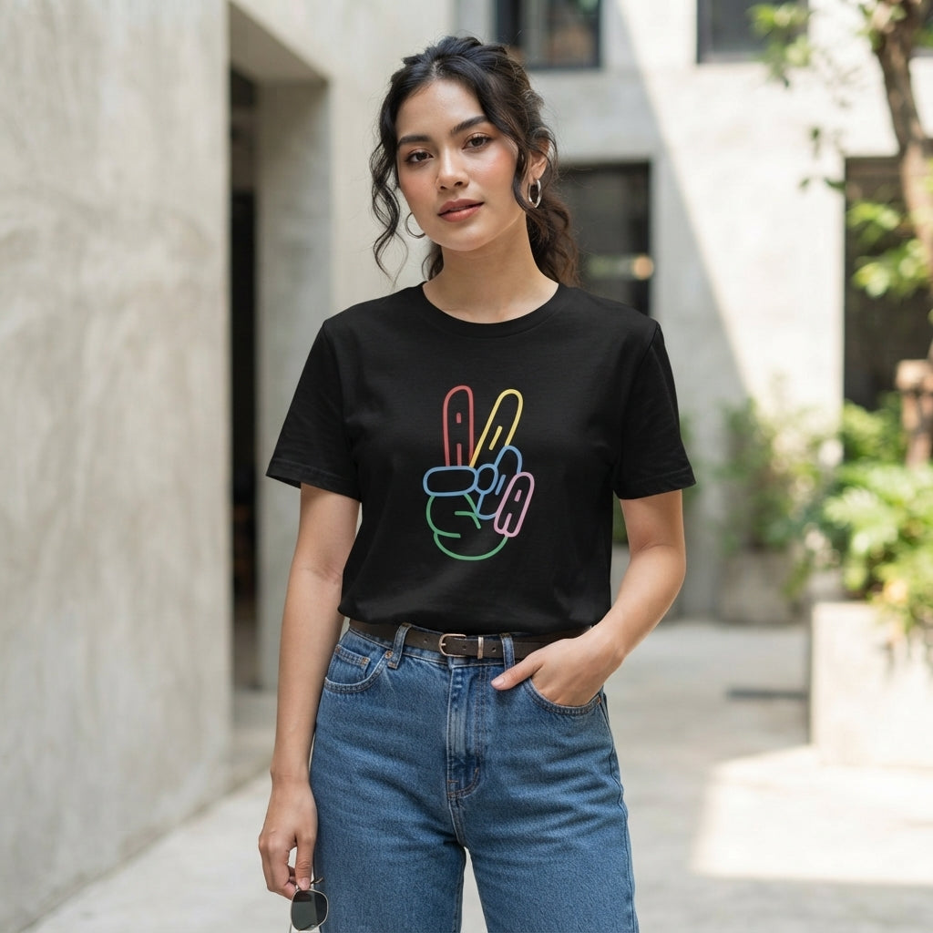 Colorful Neon Peace Sign Hand Graphic T-Shirt - Vibrant ADA Typography Cotton Crew Neck Tee in Black & White