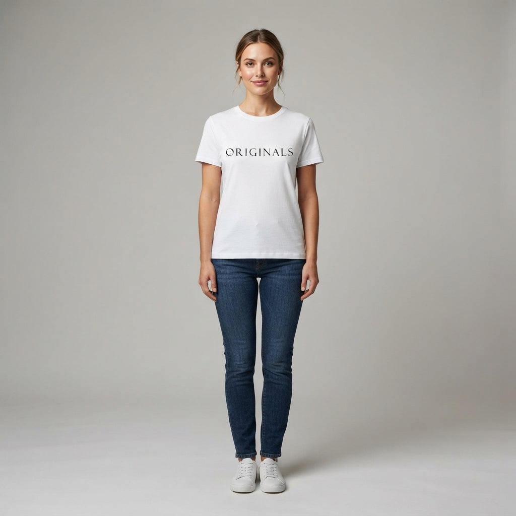 ORIGINALS Minimalist Serif Typography Graphic T-Shirt - Premium Soft Cotton Crew Neck Tee in White & Blue