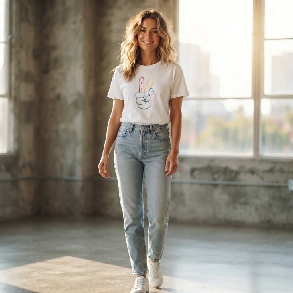 Colorful Neon Peace Sign Hand Graphic T-Shirt - Vibrant ADA Typography Cotton Crew Neck Tee in Black & White