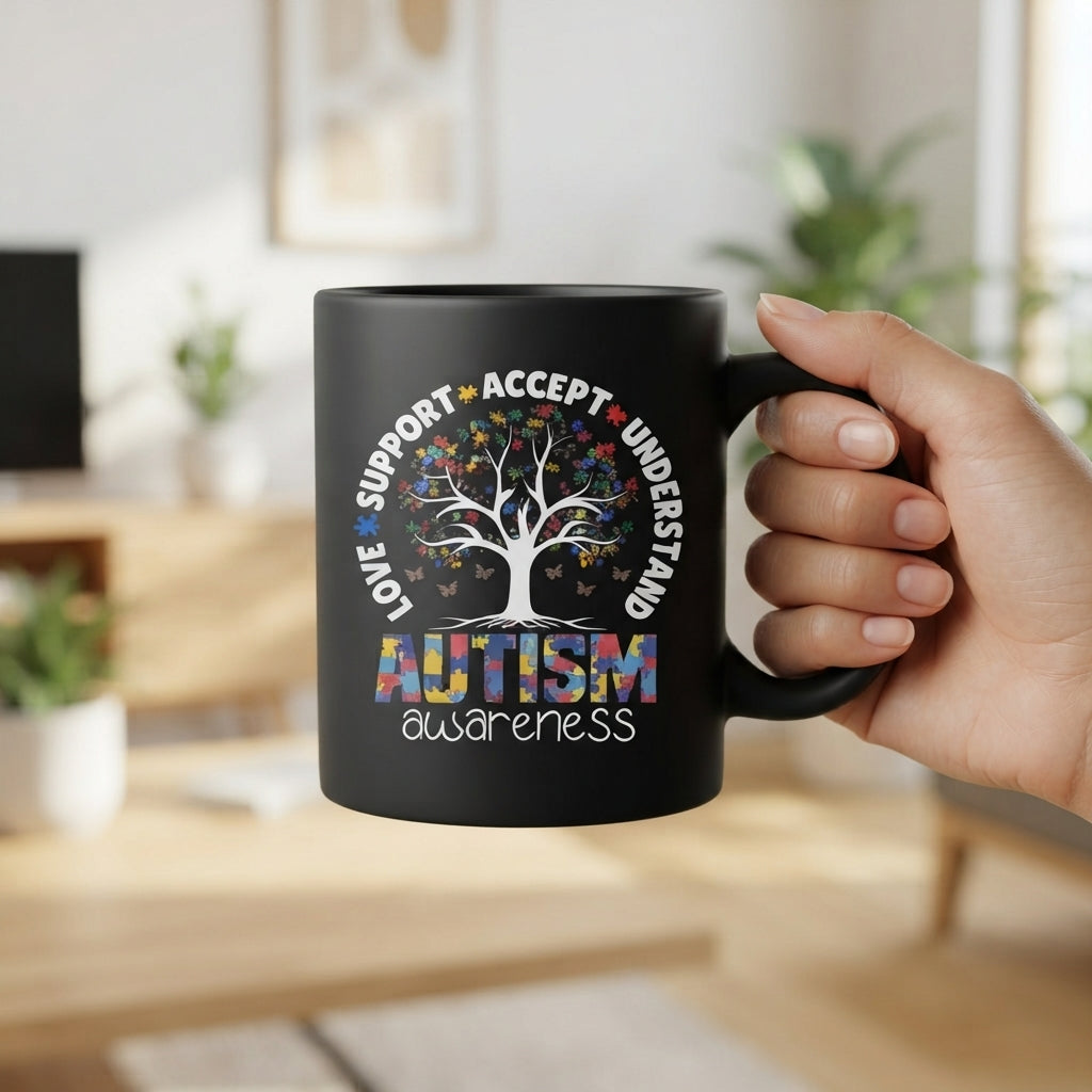 Autism Awareness Tree Graphic Ceramic Cup – Love Support Accept Understand Black Drinkware