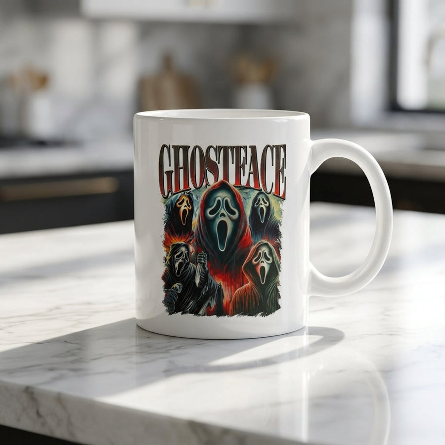 Ghostface Scream Classic Horror Movie Collage White Ceramic Mug - Spooky Vintage Halloween Coffee Cup (11oz)