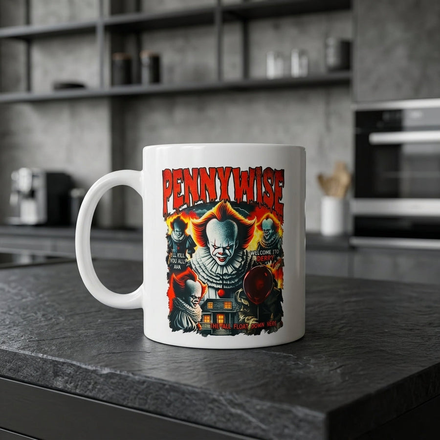 Pennywise IT Chapter Movie Graphic White Ceramic Mug - Vintage Horror Clown Halloween Coffee Cup (11oz)