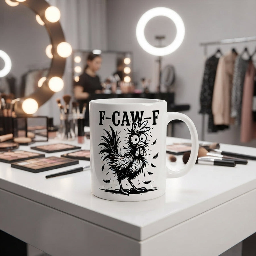 F-CAW-F Ruffled Chicken Mug – Black & White Sketch Style Rooster Ceramic Coffee Cup, Bold Line Art Gift