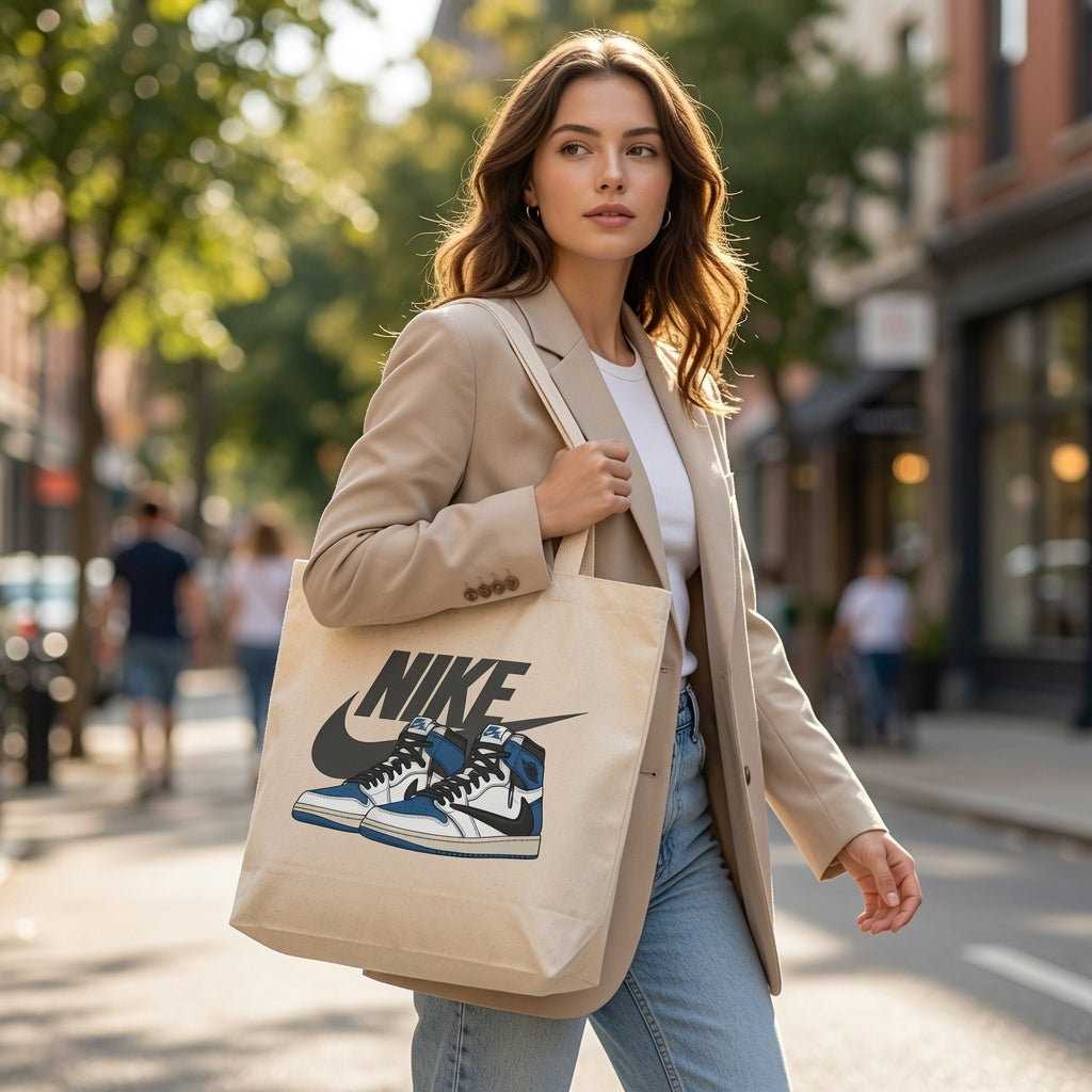 Blue & White High-Top Graphic Canvas Tote Bag - Reverse Swoosh Streetwear Shoulder Bag