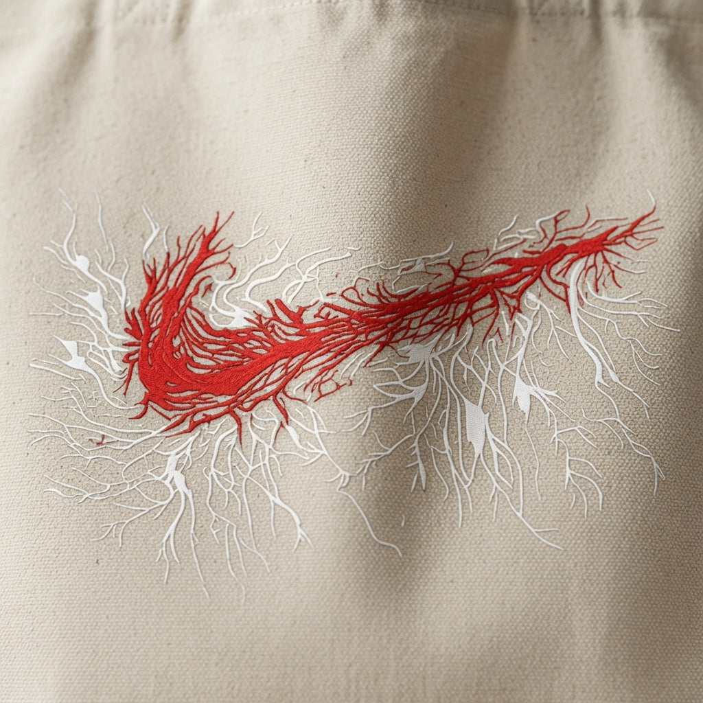 Abstract Root & Vein Swoosh Canvas Tote Bag - Artistic Red & White Graphic Shoulder Bag