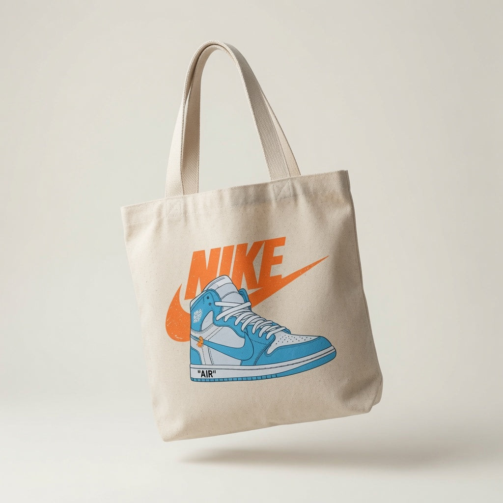 UNC Light Blue High-Top Graphic Canvas Tote Bag - Vintage Orange Logo Streetwear Shoulder Bag