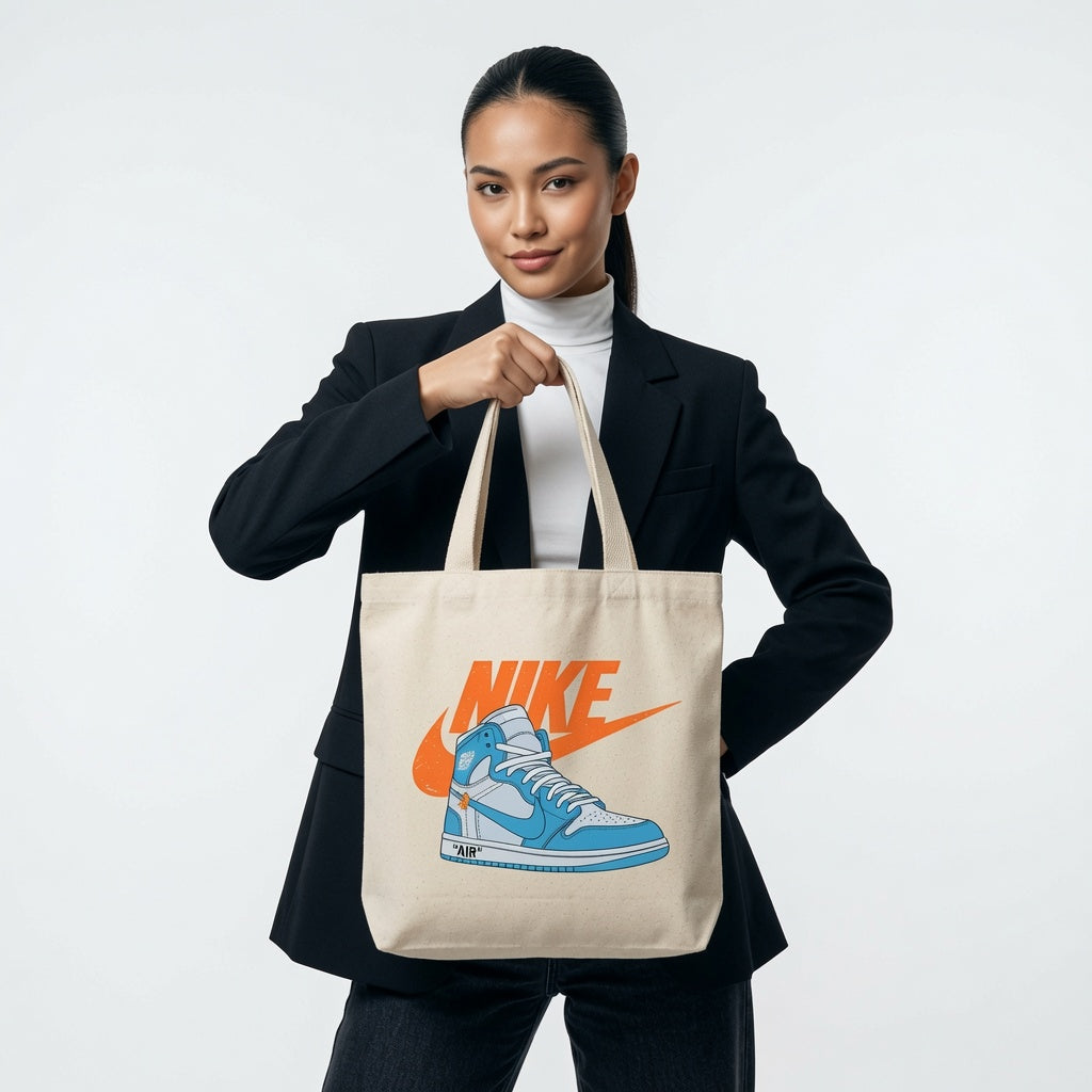 UNC Light Blue High-Top Graphic Canvas Tote Bag - Vintage Orange Logo Streetwear Shoulder Bag