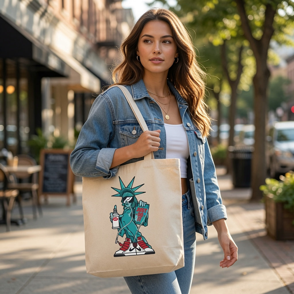 Statue of Liberty Street Art Graphic Canvas Tote Bag - Graffiti & Sneakers Urban Shoulder Bag
