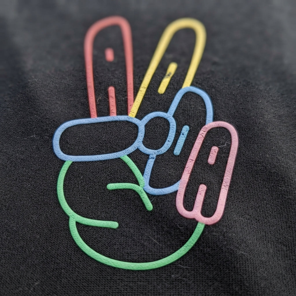 Colorful Neon Peace Sign Hand Graphic T-Shirt - Vibrant ADA Typography Cotton Crew Neck Tee in Black & White
