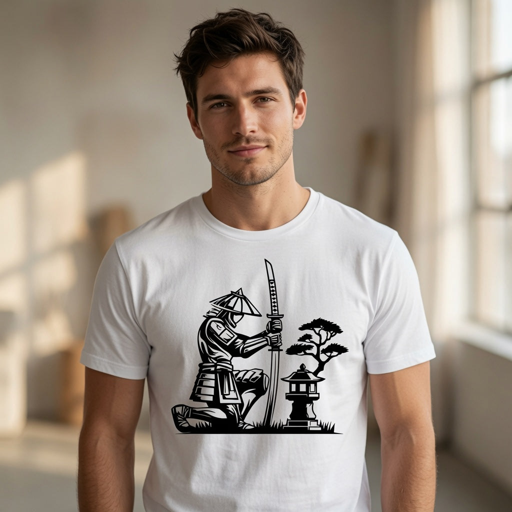 Samurai Kneeling T-Shirt Japanese Lantern Graphic Tee White