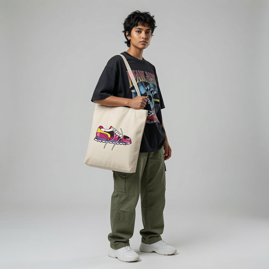 Retro Sneaker Illustration Canvas Tote Bag | Sneakerhead Graphic Cotton Tote