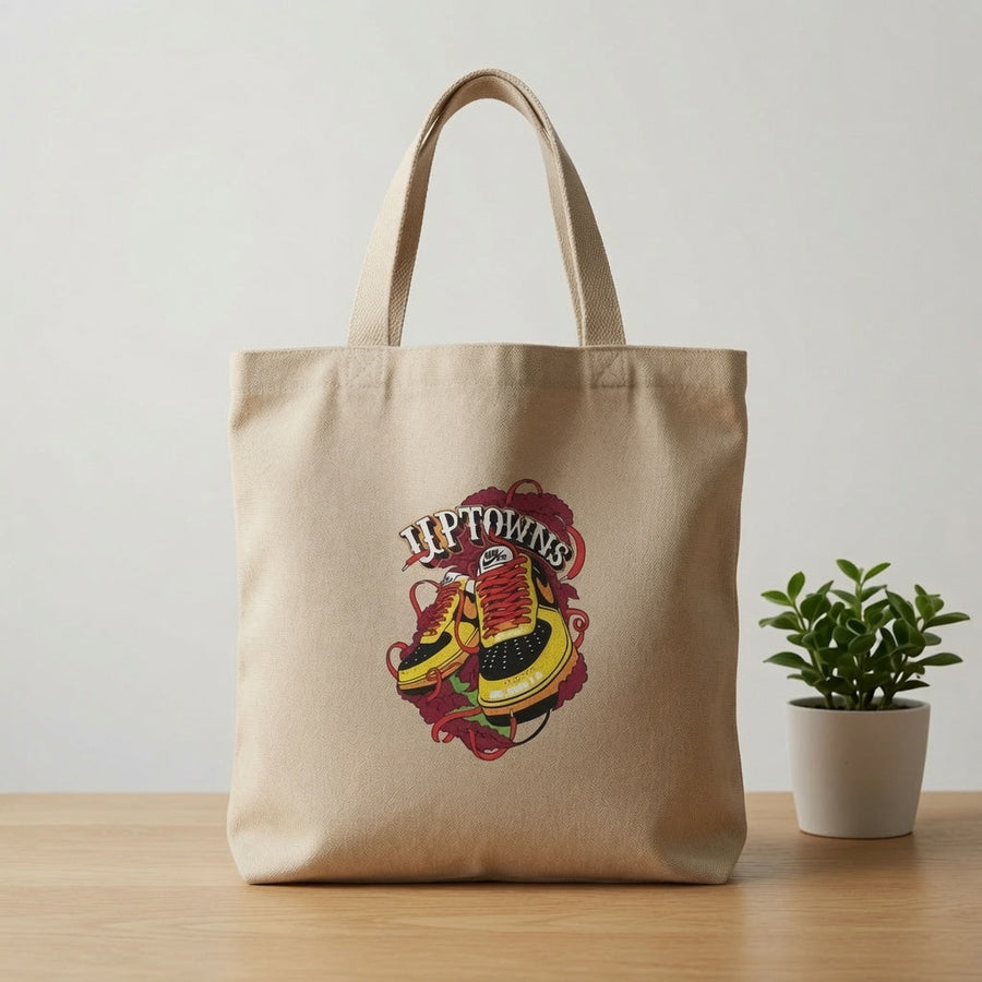 Uptowns Yellow & Black Sneaker Graphic Canvas Tote Bag - Vintage Streetwear Shoulder Bag