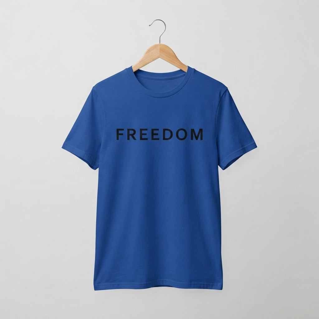 FREEDOM Minimalist Statement Typography Graphic T-Shirt - Premium Soft Cotton Crew Neck Tee in White & Blue