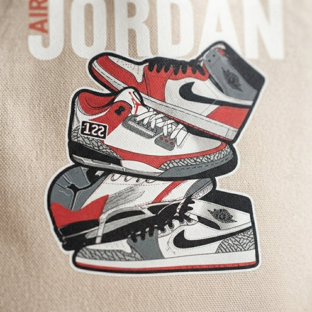 Retro Sneaker Stack Graphic Canvas Tote Bag - Classic Air Basketball Kicks Shoulder Bag