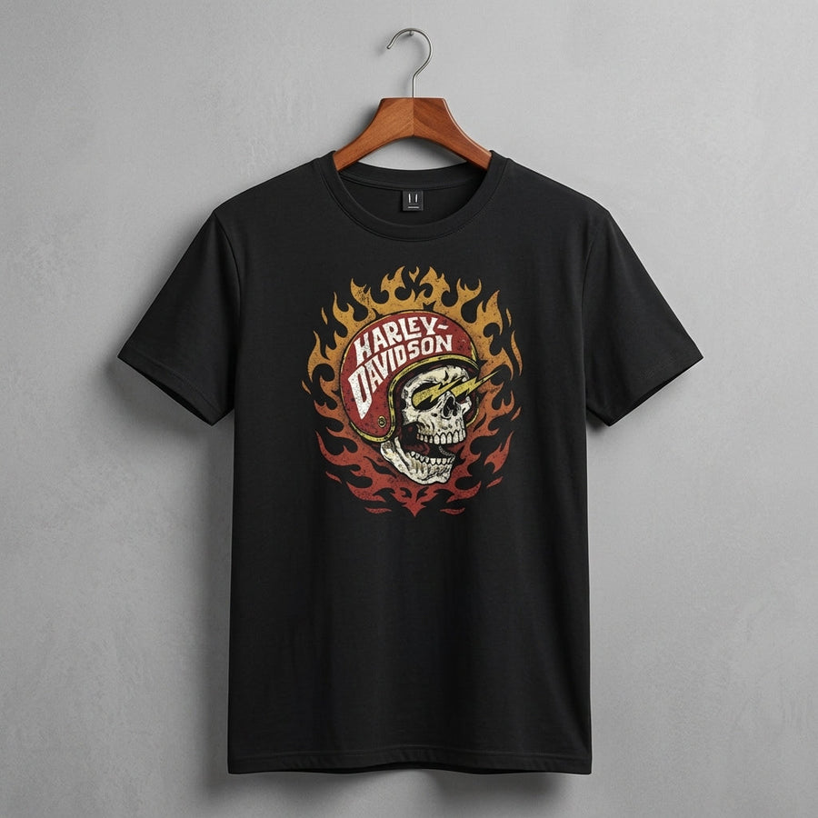 Retro Flaming Skull Lightning Helmet Graphic T-Shirt