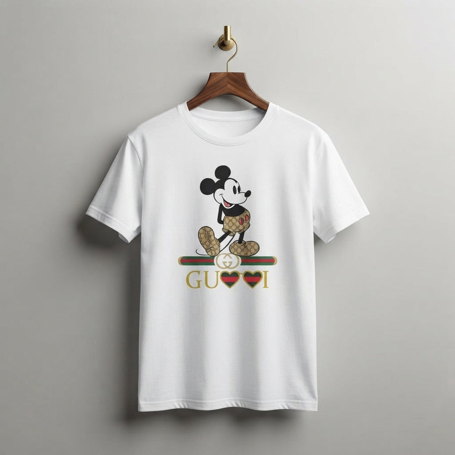 Classic Mickey Mouse in Monogram Shorts Graphic T-Shirt - White & Blue Unisex Premium Cotton Streetwear Tee (XS to 4XL)