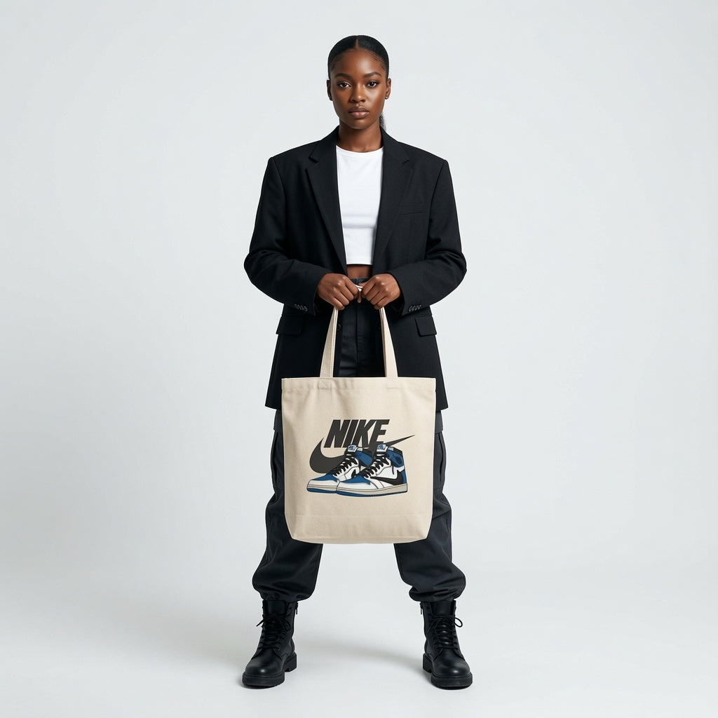 Blue & White High-Top Graphic Canvas Tote Bag - Reverse Swoosh Streetwear Shoulder Bag