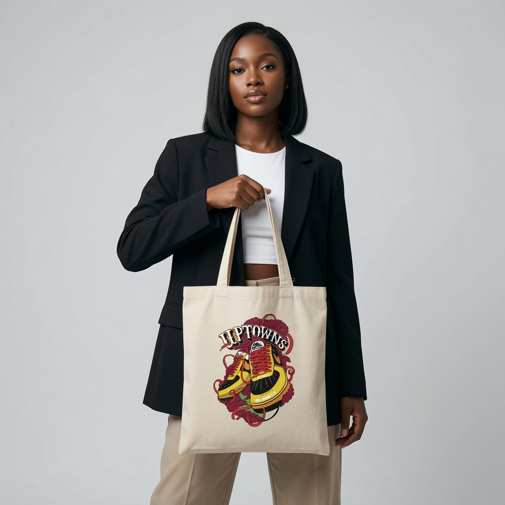 Uptowns Yellow & Black Sneaker Graphic Canvas Tote Bag - Vintage Streetwear Shoulder Bag
