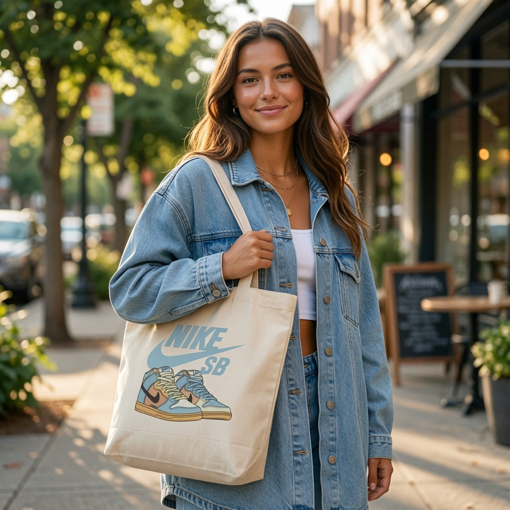 Retro Skate High-Top Graphic Canvas Tote Bag - Soft Pastel Blue Streetwear Shoulder Bag