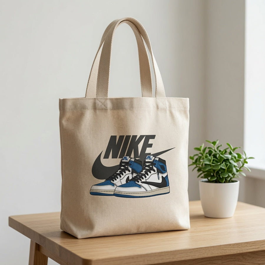Blue & White High-Top Graphic Canvas Tote Bag - Reverse Swoosh Streetwear Shoulder Bag