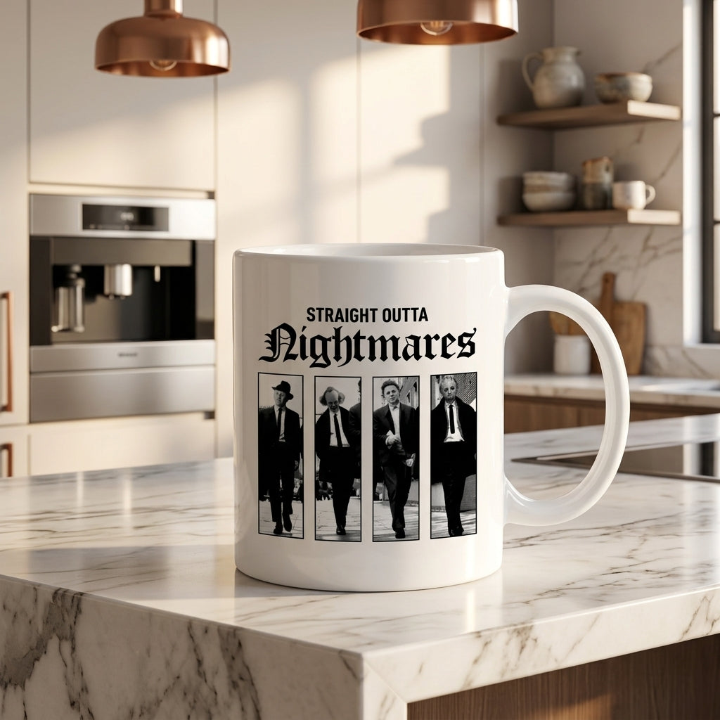 Straight Outta Nightmares Classic Horror Villains Ceramic Coffee Mug - Vintage Black and White Horror Characters Printed Tea Cup for Movie Fans