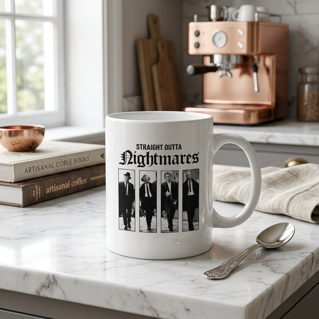 Straight Outta Nightmares Classic Horror Villains Ceramic Coffee Mug - Vintage Black and White Horror Characters Printed Tea Cup for Movie Fans