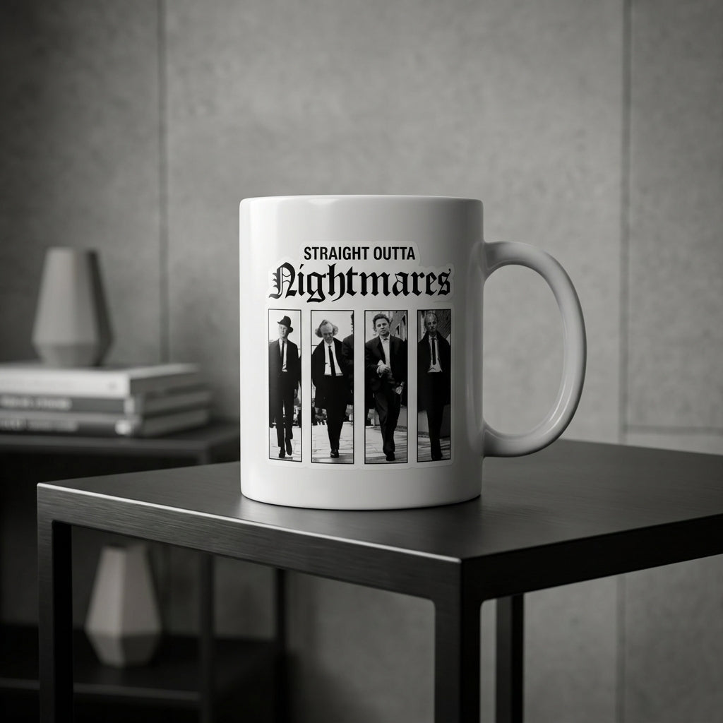 Straight Outta Nightmares Classic Horror Villains Ceramic Coffee Mug - Vintage Black and White Horror Characters Printed Tea Cup for Movie Fans
