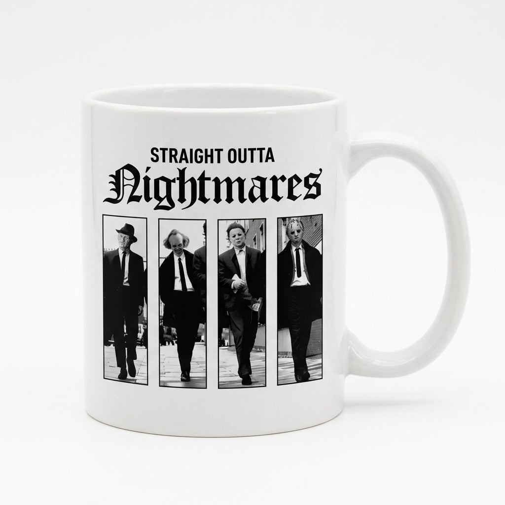 Straight Outta Nightmares Classic Horror Villains Ceramic Coffee Mug - Vintage Black and White Horror Characters Printed Tea Cup for Movie Fans