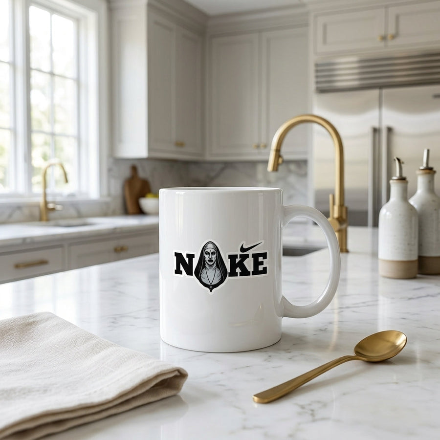 The Nun Horror Character Parody Typography Premium White Ceramic Coffee Mug - Dark Spoof Graphic Tea Cup (11oz)