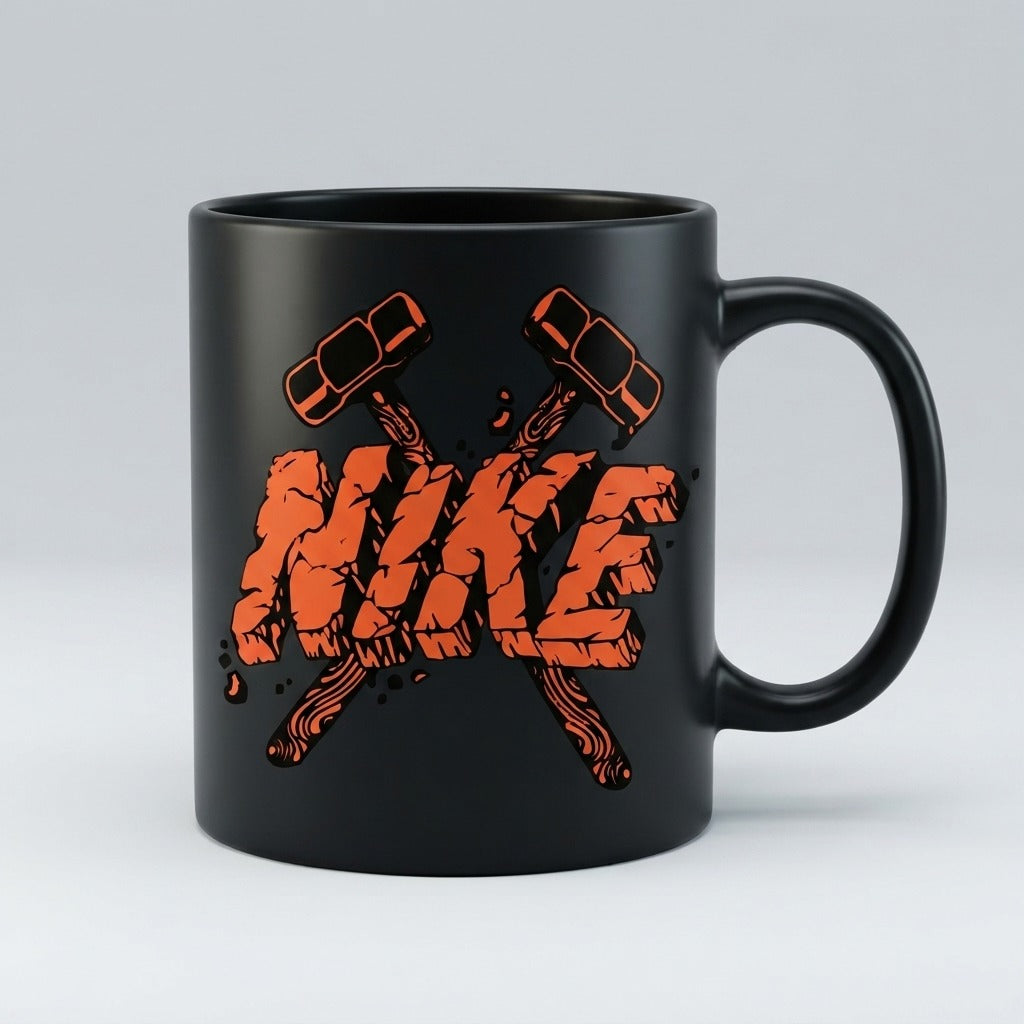Nike Inspired Orange Cracked Stone Typography & Crossed Hammers Parody Ceramic Mug - Black & White Coffee Cup (11oz)