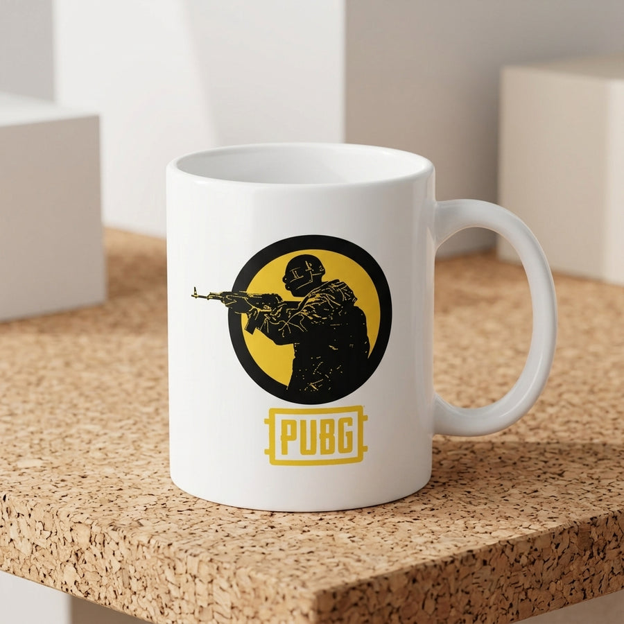 PUBG Yellow Emblem Player Graphic Ceramic Coffee Mug 11oz Premium White Battle Royale Gaming Cup Gift for Gamers