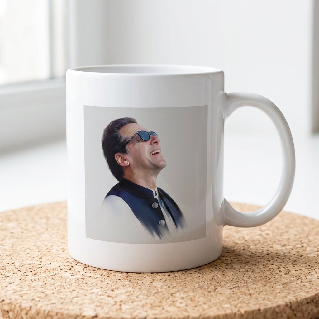 Iconic Imran Khan Laughing Graphic Ceramic Cup – High-Quality Printed Tea & Coffee Drinkware