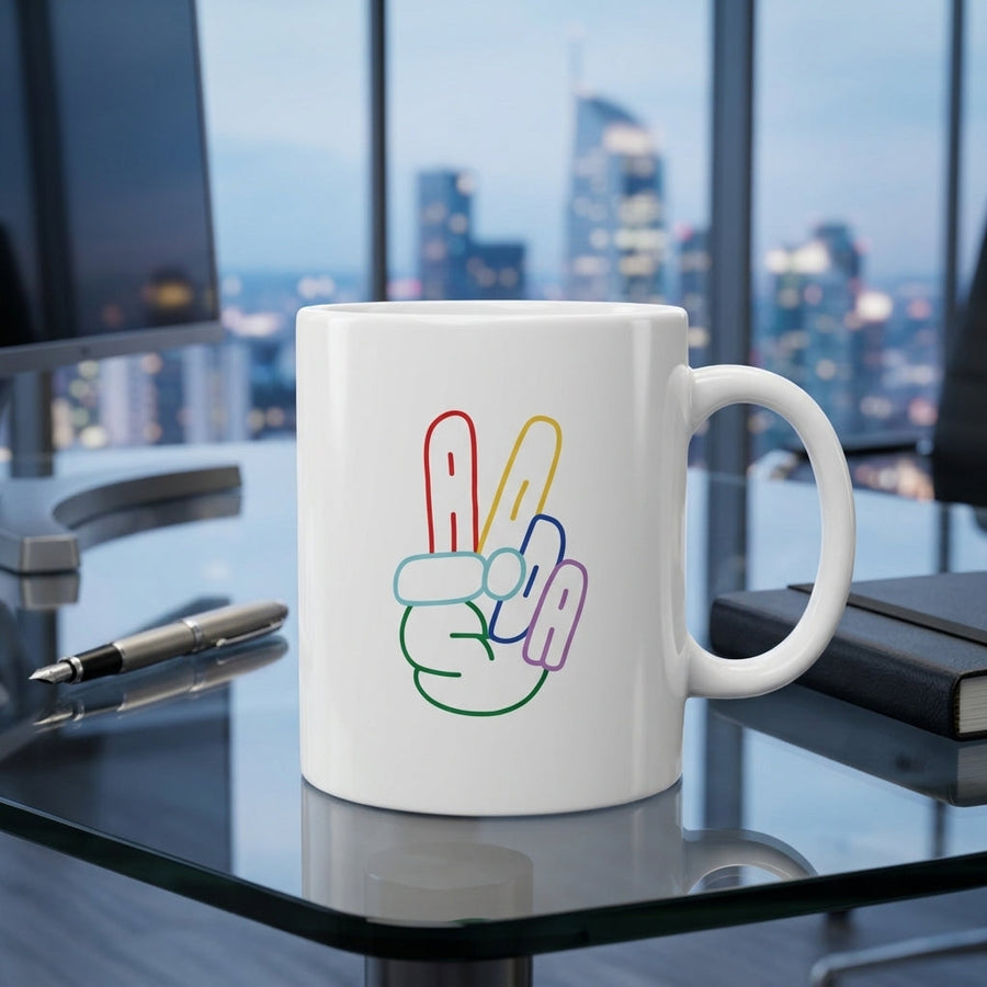 F-Caw-F Victory Peace Sign Graphic Premium White Ceramic Coffee Mug - Colorful Hand Gesture Art Tea Cup (11oz)
