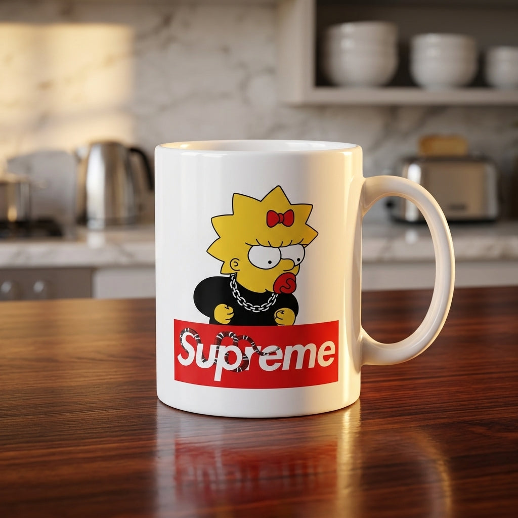 Trendy Maggie Simpson Streetwear Red Box Logo Vinyl Decal – Waterproof Artwork for Mugs