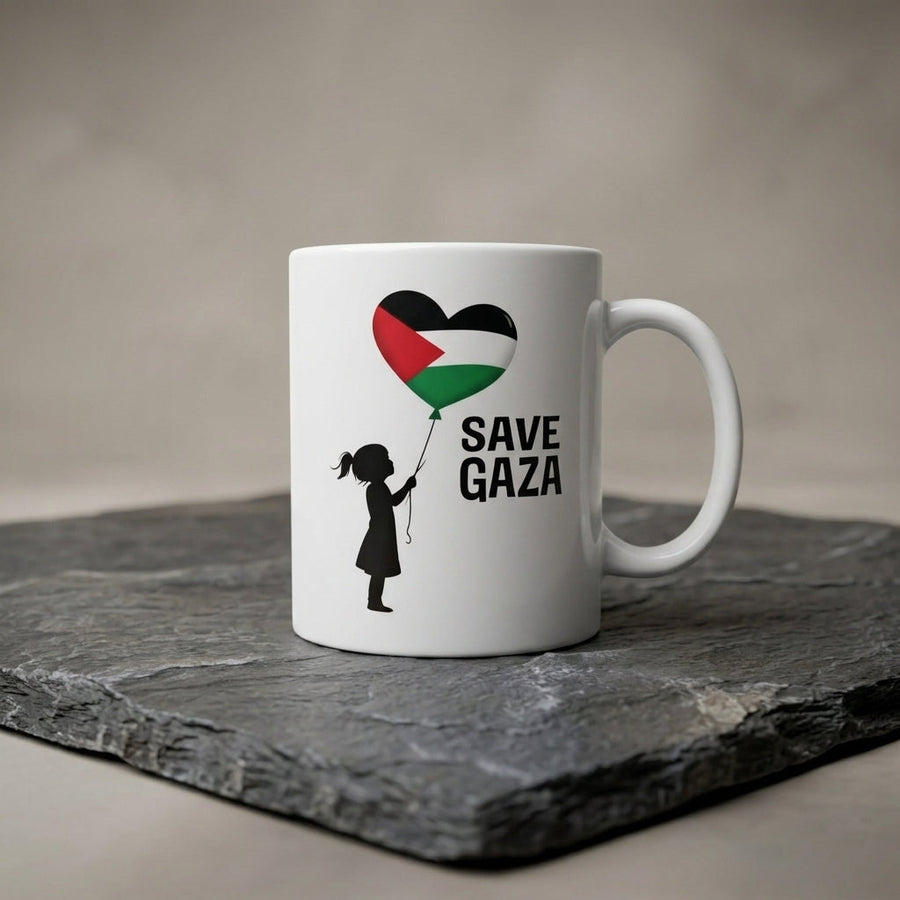 Save Gaza Girl with Palestine Heart Balloon White Ceramic Coffee Mug - Emotional Solidarity Graphic Drinkware Cup (11oz)