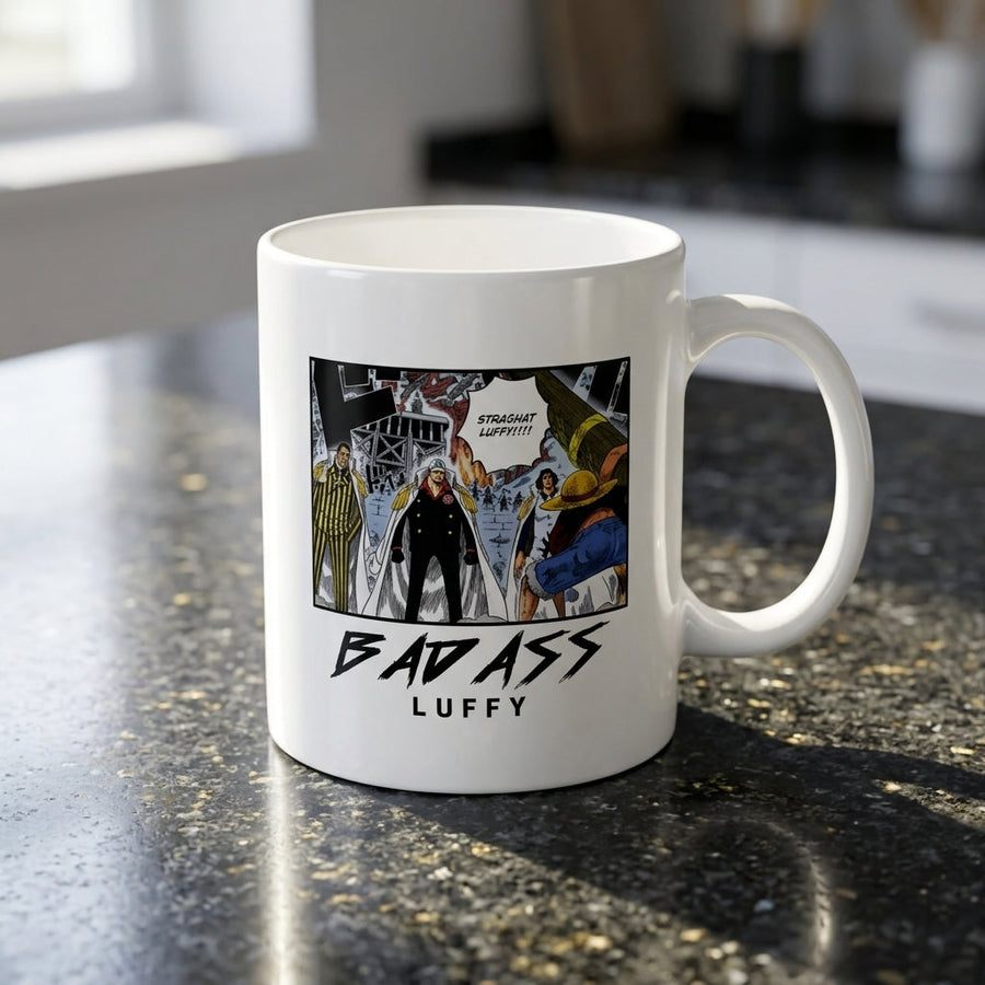 One Piece Badass Luffy Marineford Manga Panel White Ceramic Mug - Anime Straw Hat Pirates Coffee Cup (11oz)