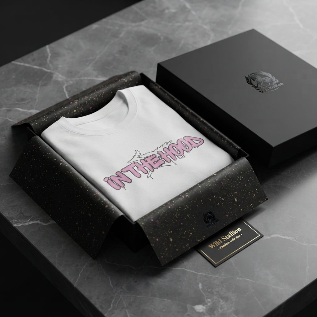 In The Hood Pink Graffiti Typography Graphic T-Shirt - Urban Streetwear Cotton Crew Neck Tee in Black & White
