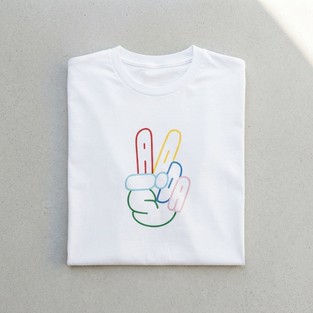 Colorful Neon Peace Sign Hand Graphic T-Shirt - Vibrant ADA Typography Cotton Crew Neck Tee in Black & White