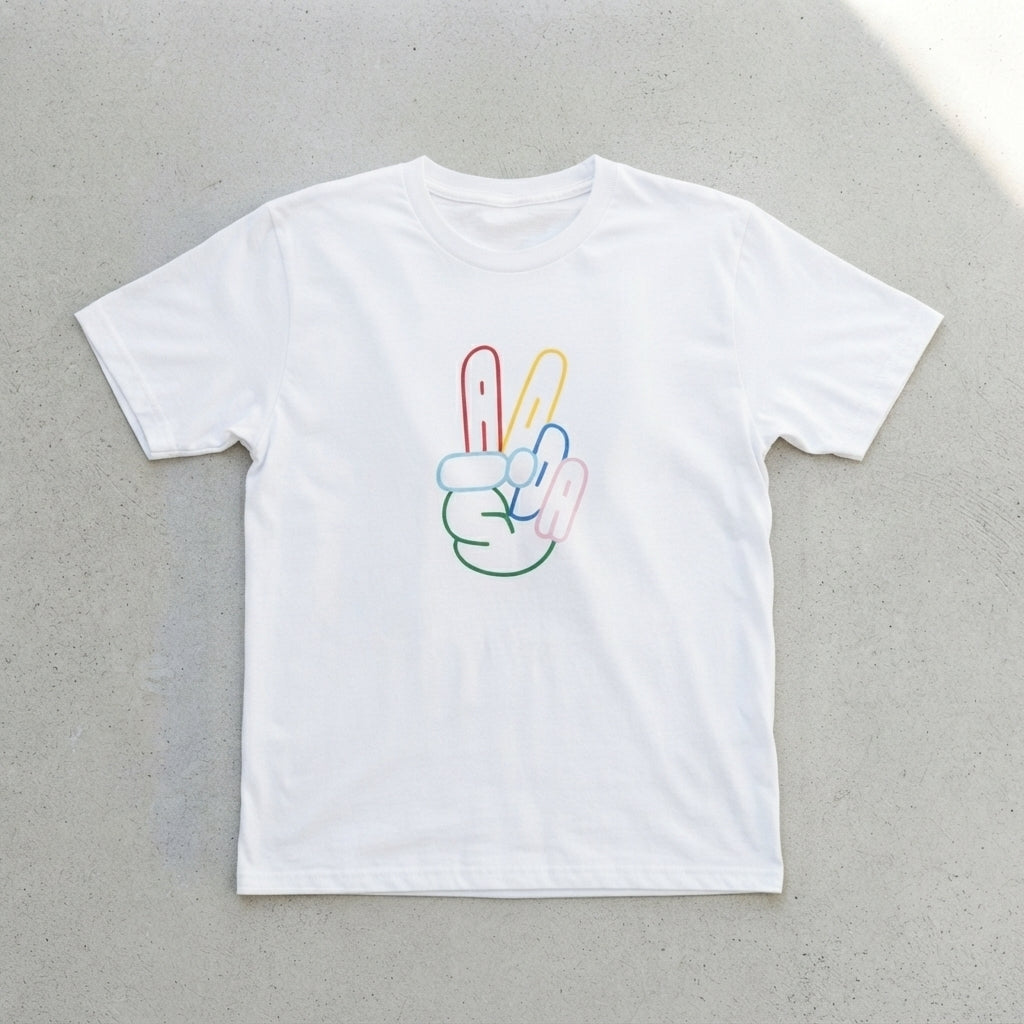 Colorful Neon Peace Sign Hand Graphic T-Shirt - Vibrant ADA Typography Cotton Crew Neck Tee in Black & White