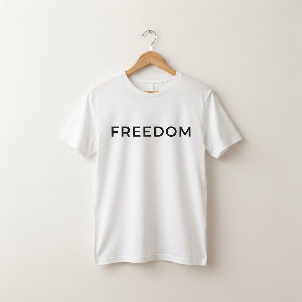 FREEDOM Minimalist Statement Typography Graphic T-Shirt - Premium Soft Cotton Crew Neck Tee in White & Blue