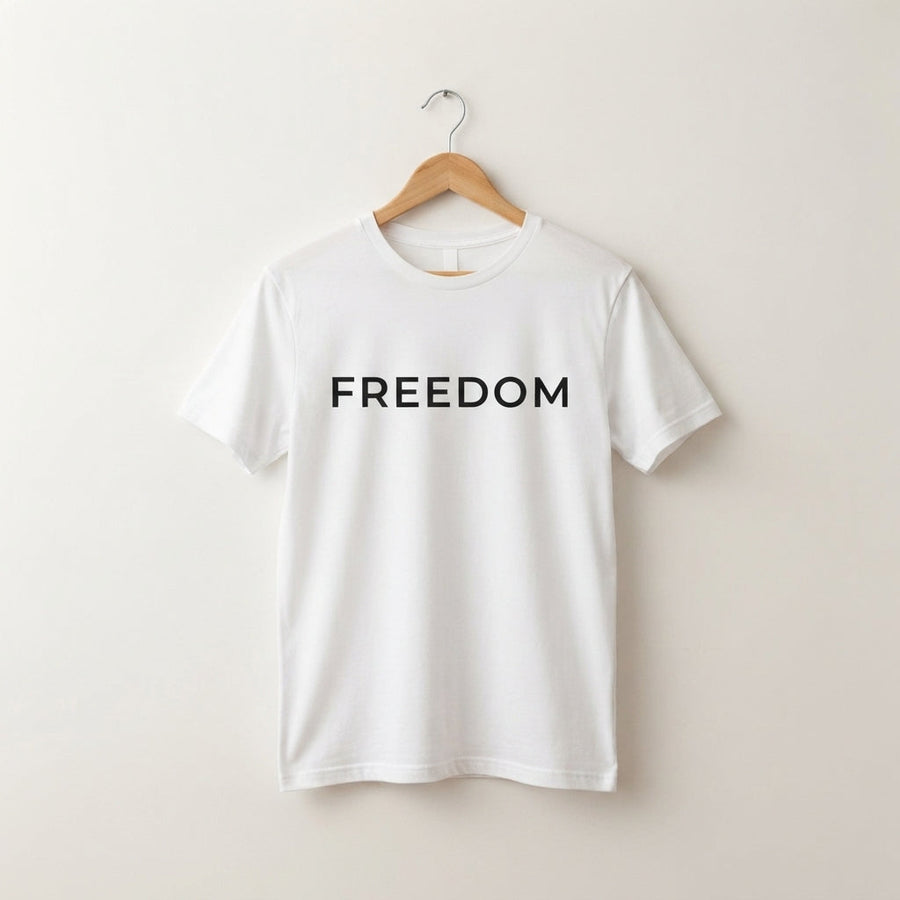 FREEDOM Minimalist Statement Typography Graphic T-Shirt - Premium Soft Cotton Crew Neck Tee in White & Blue